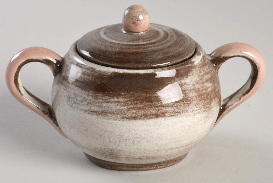 Stylized Spirals Brown and Pink Sugar Bowl & Lid by Santa Anita-1