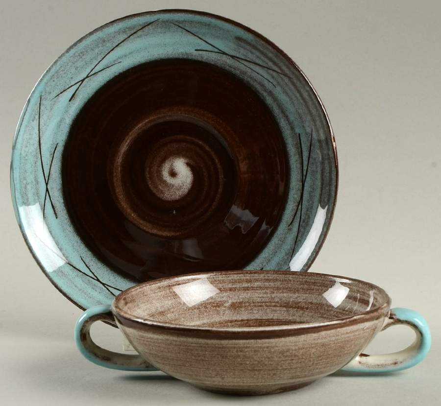 Stylized Spirals Brown and Turquoise Flat Cream Soup Bowl & Saucer Set by Santa Anita-1