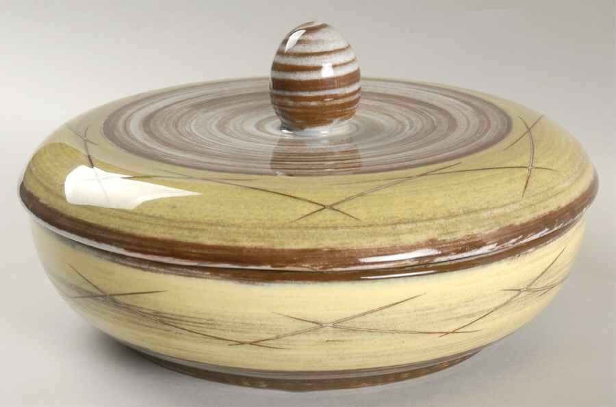 Stylized Spirals Brown and Yellow Round Covered Vegetable by Santa Anita-1