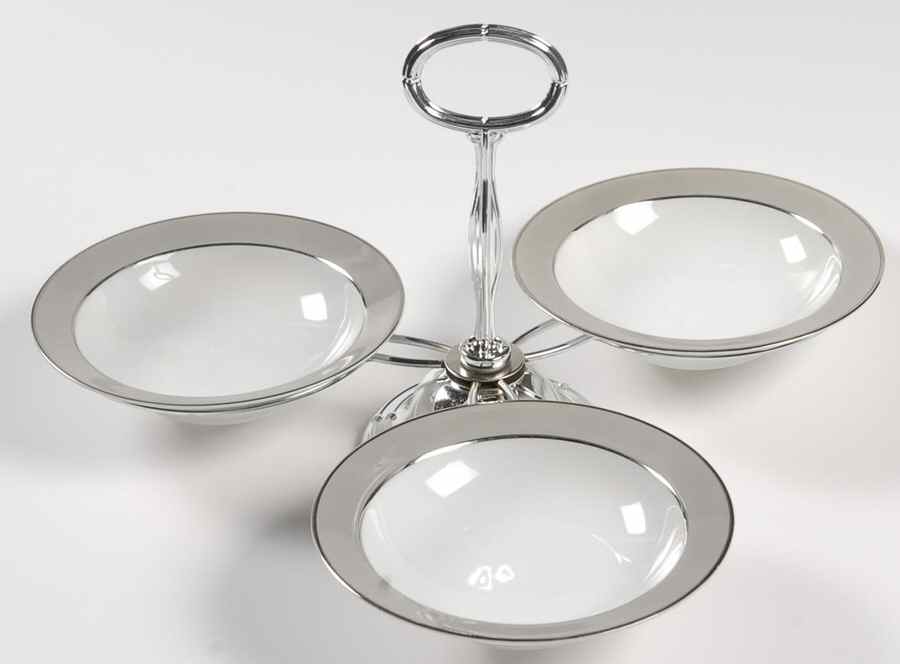 Platina (White with Gray Color Band) 7" x 12" 3-Part Relish & Metal Stand (FR) HC by Sango-1