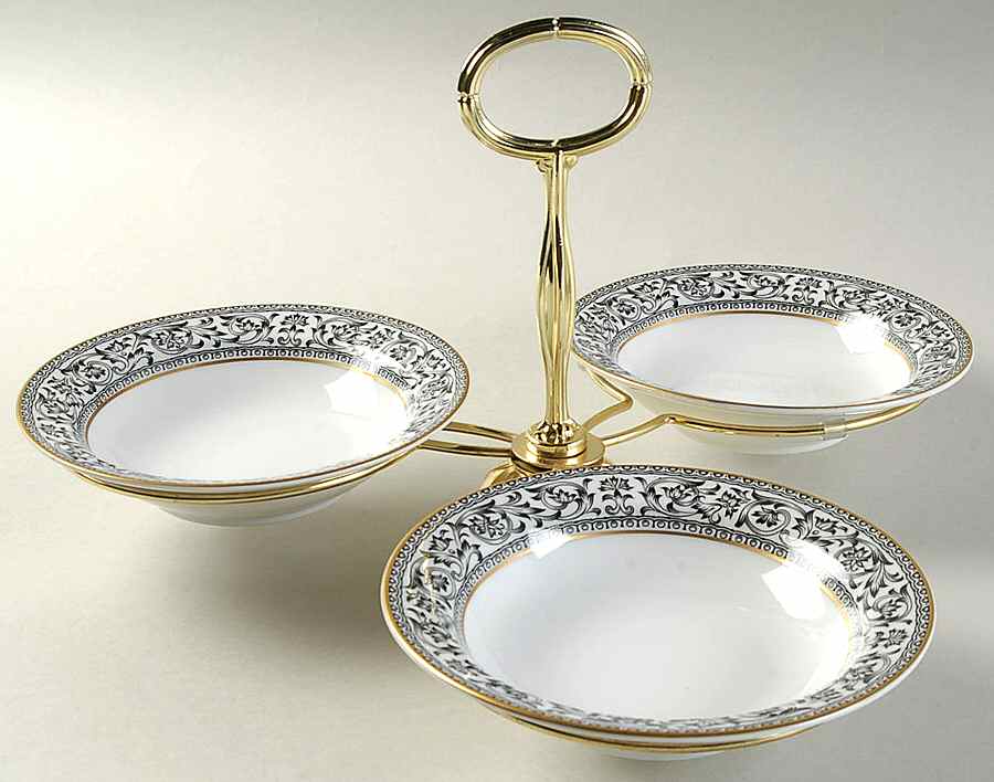 Spanish Lace 7" x 12" 3-Part Relish & Metal Stand (FR) HC by Sango-1