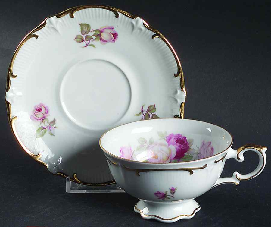 Antique Rose Footed Cup & Saucer Set by Schumann - Bavaria-1