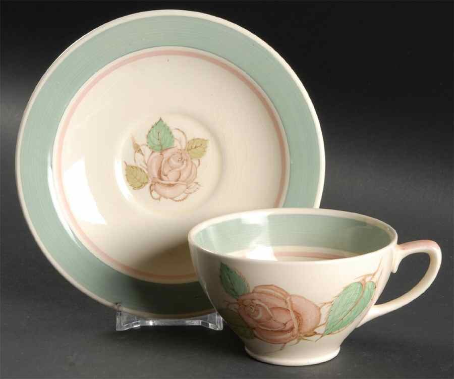 Patricia Rose Green (Green Rim, Pink Ring) Flat Cup & Saucer Set by Susie Cooper-1