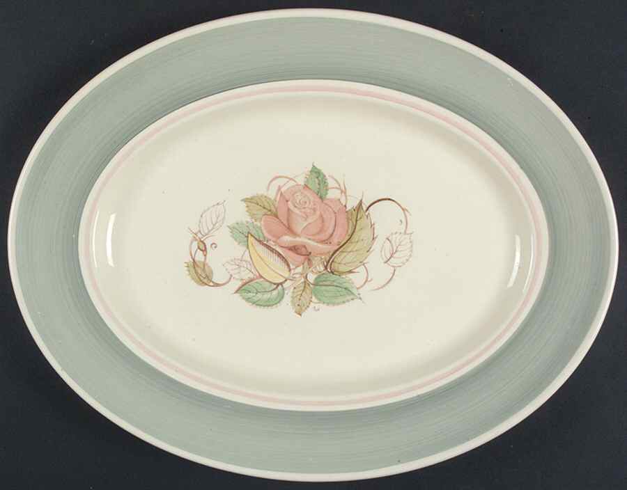 Patricia Rose Green (Green Rim, Pink Ring) 15" Oval Serving Platter by Susie Cooper-1