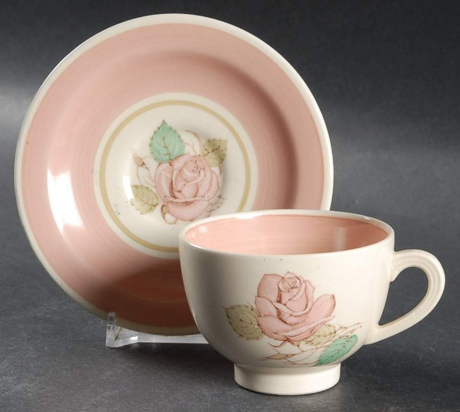Patricia Rose Pink (Dk Pink Rim) Footed Demitasse Cup & Saucer Set by Susie Cooper-1