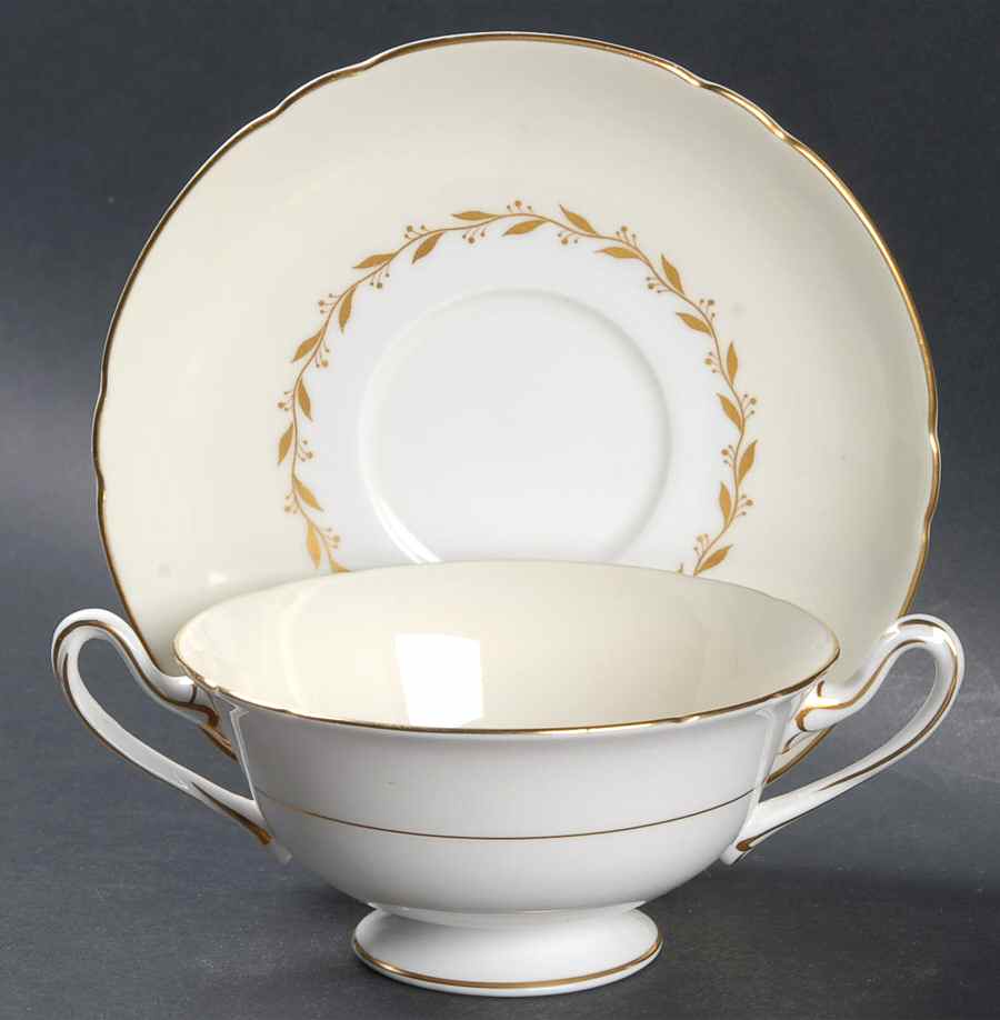 Bridal Wreath Footed Cream Soup Bowl & Saucer Set by Shelley-1