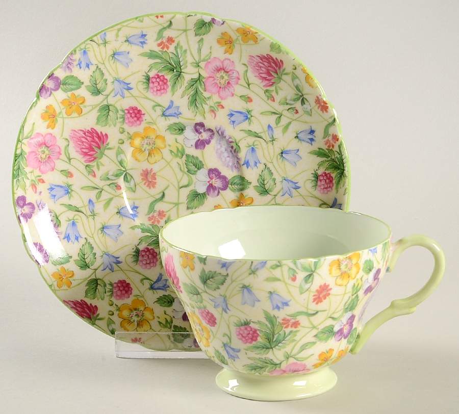 Countryside (Green Trim) Footed Cup & Saucer Set by Shelley-1