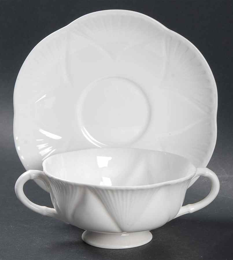 Dainty White (No Trim) Footed Cream Soup Bowl & Saucer Set by Shelley-1