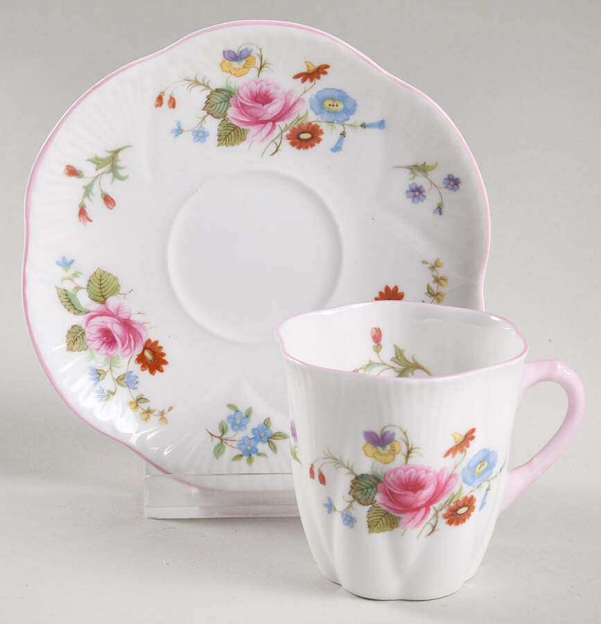 Rose & Red Daisy (Dainty) Flat Demitasse Cup & Saucer Set by Shelley-1