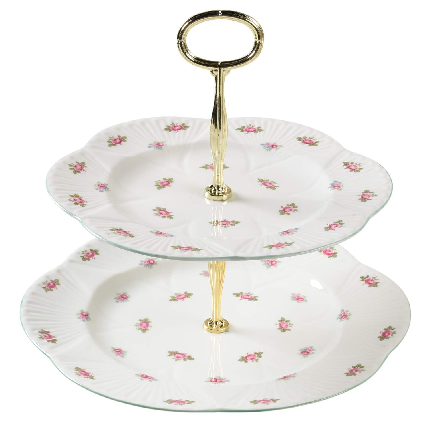 Rosebud (Dainty Shape) 6 5/8"-10"  2 Tiered Serving Tray (Dp, Sp) HC by Shelley-1