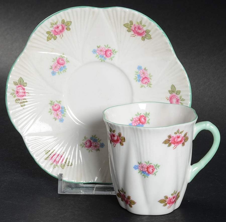 Rosebud (Dainty Shape) Flat Demitasse Cup & Saucer Set by Shelley-1