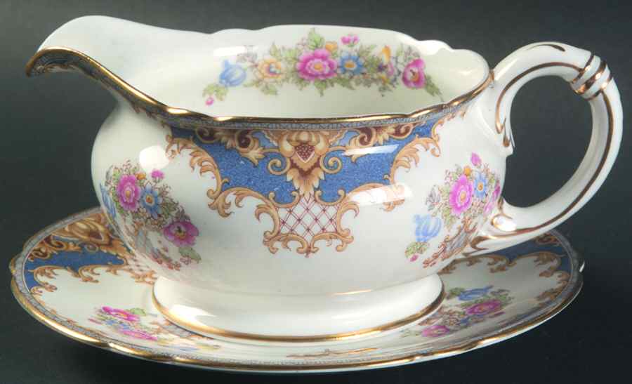 Sheraton Blue (Scalloped) Round Gravy Boat & Underplate by Shelley-1