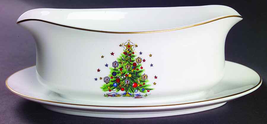 Christmas Eve (No Color Bnd, Gold Trim) Gravy Boat with Attached Underplate by Salem-1