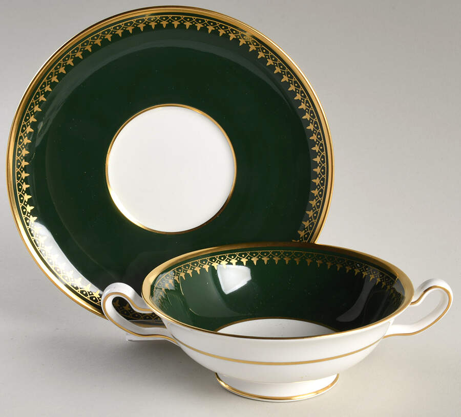 Ashdown Leather Green Footed Cream Soup Bowl & Saucer Set by Spode-1