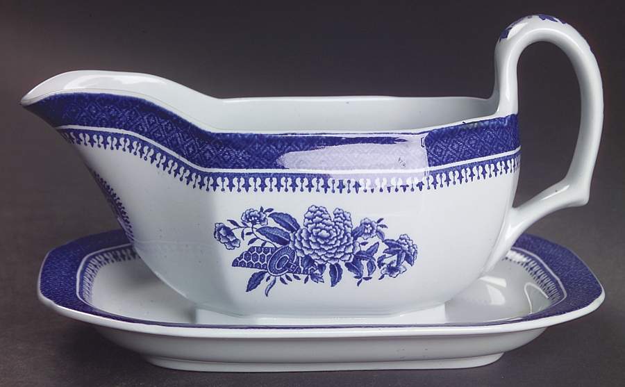 Fitzhugh Blue Gravy Boat with Attached Underplate by Spode-1