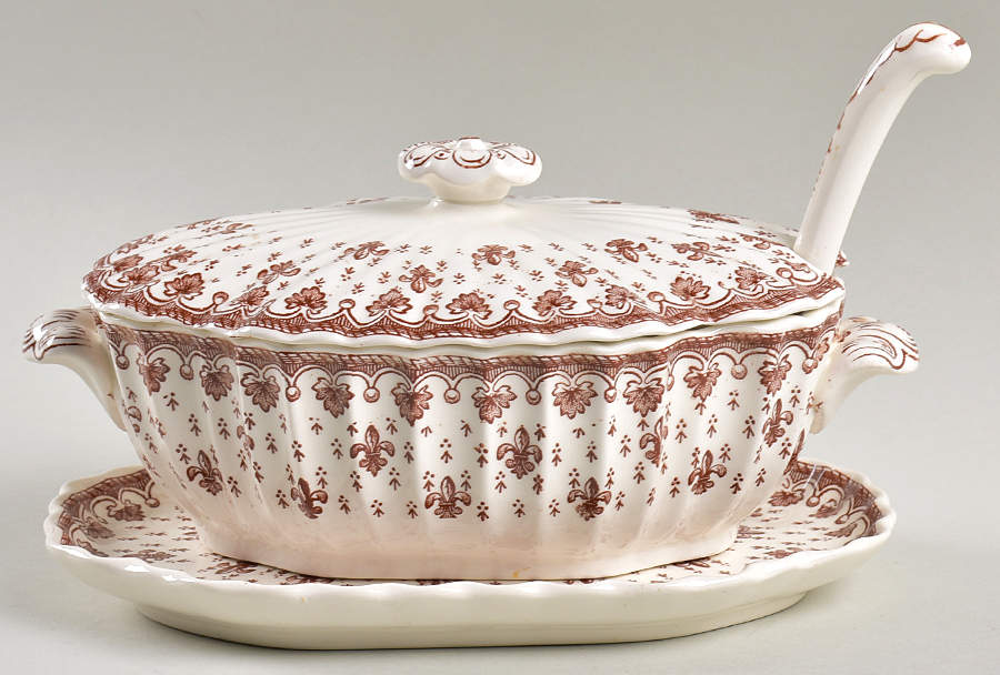 Fleur de Lys Brown (Earthenware, No Trim) Sauce Boat & Lid & Underplate & Ladle by Spode-1