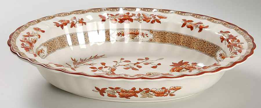 Indian Tree (Orange Rust, Scallop, Red Trim) 10" Oval Vegetable Bowl by Spode-1