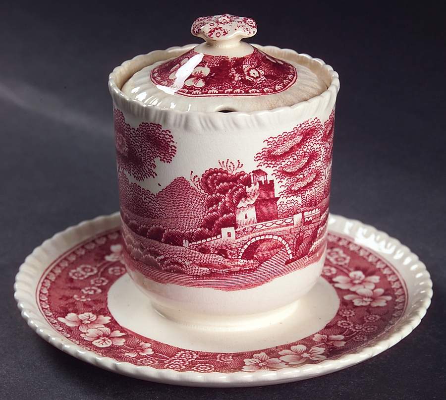 Tower Pink (Older Backstamp) Mustard with Lid & Attached Underplate by Spode-1