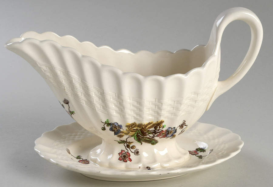 Wicker Lane (Basket Weave) Gravy Boat with Attached Underplate by Spode-1
