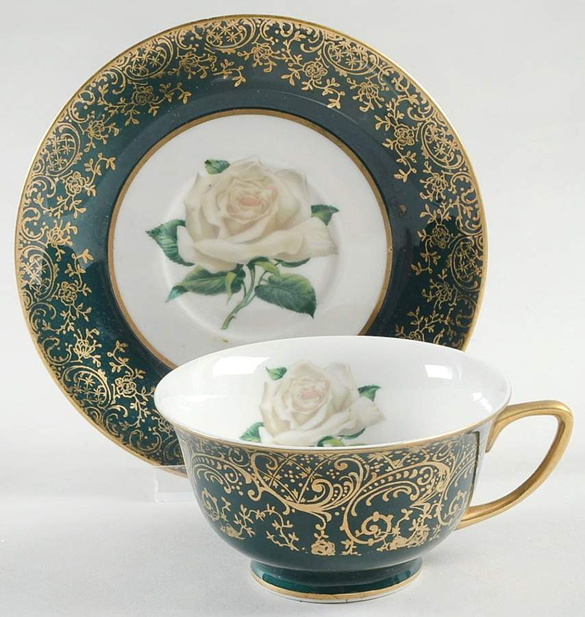 Chantilly Dark Green (Gold Filigree) Footed Cup & Saucer Set by Stradford-1