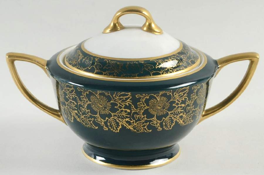 Chantilly Dark Green (Gold Floral) Sugar Bowl & Lid by Stradford-1