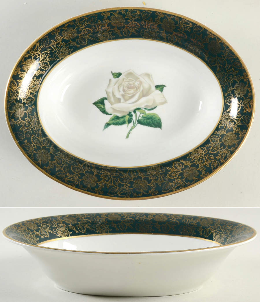 Chantilly Dark Green (Gold Floral) 10" Oval Vegetable Bowl by Stradford-1