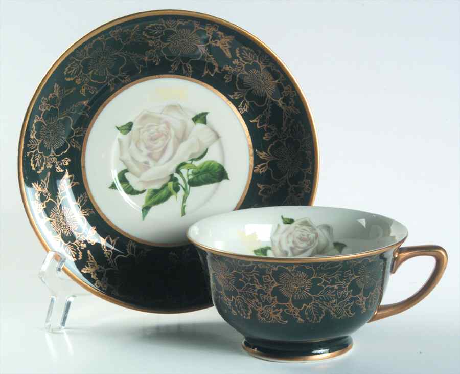 Chantilly Dark Green (Gold Floral) Footed Cup & Saucer Set by Stradford-1