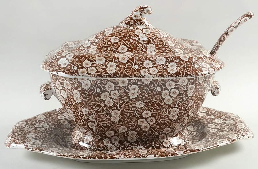 Calico Brown Oval Tureen & Lid w/Ladle & Underplate by Staffordshire-1