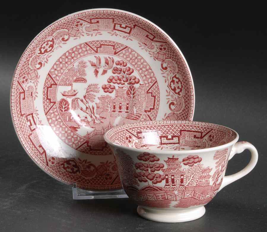 Old Willow Pink Footed Cup & Saucer Set by Swinnertons-1