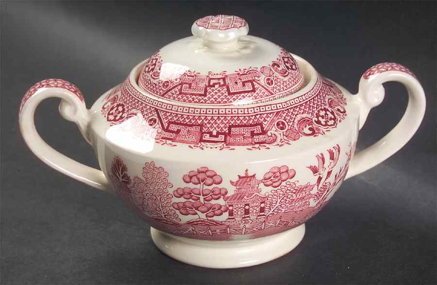 Old Willow Pink Sugar Bowl & Lid by Swinnertons-1
