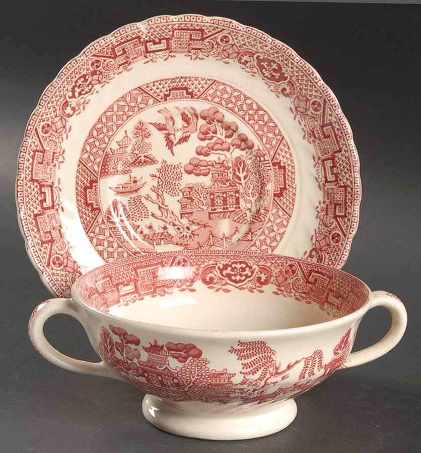Old Willow Pink Footed Cream Soup Bowl & Saucer Set by Swinnertons-1