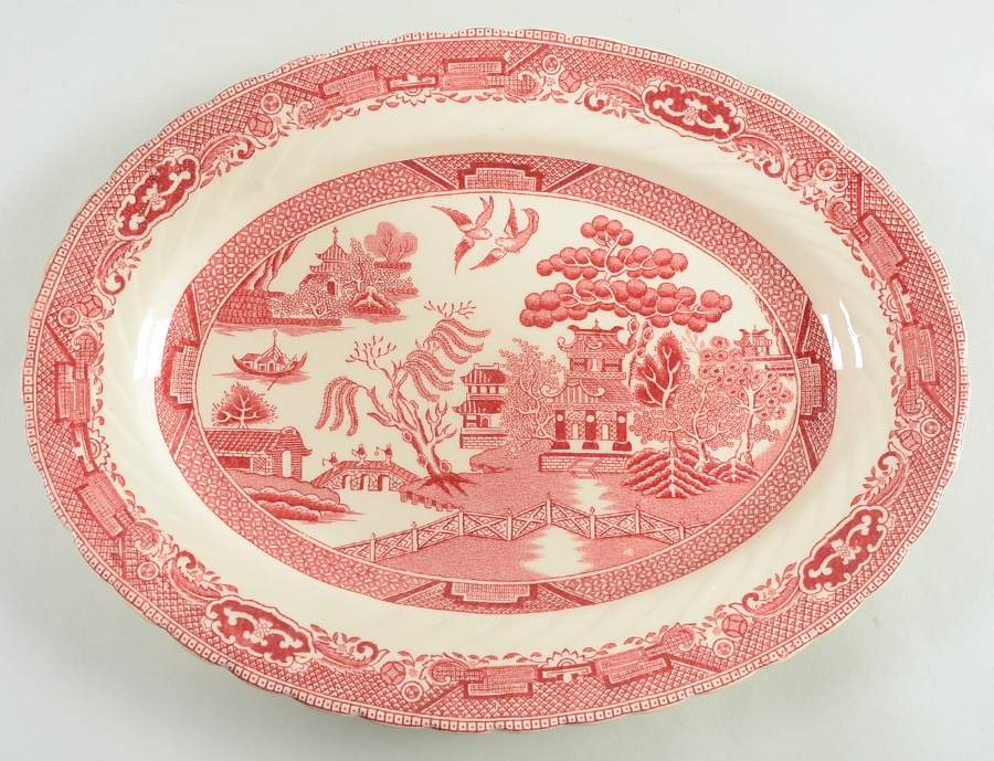 Old Willow Pink 12" Oval Serving Platter by Swinnertons-1