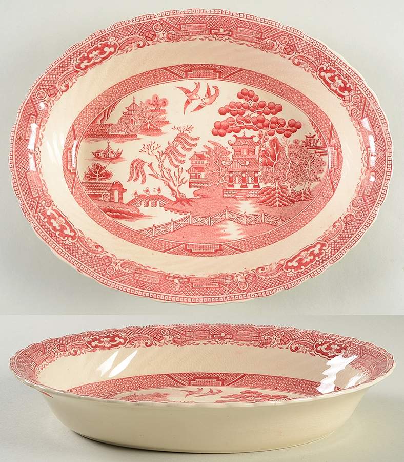Old Willow Pink 10" Oval Vegetable Bowl by Swinnertons-1