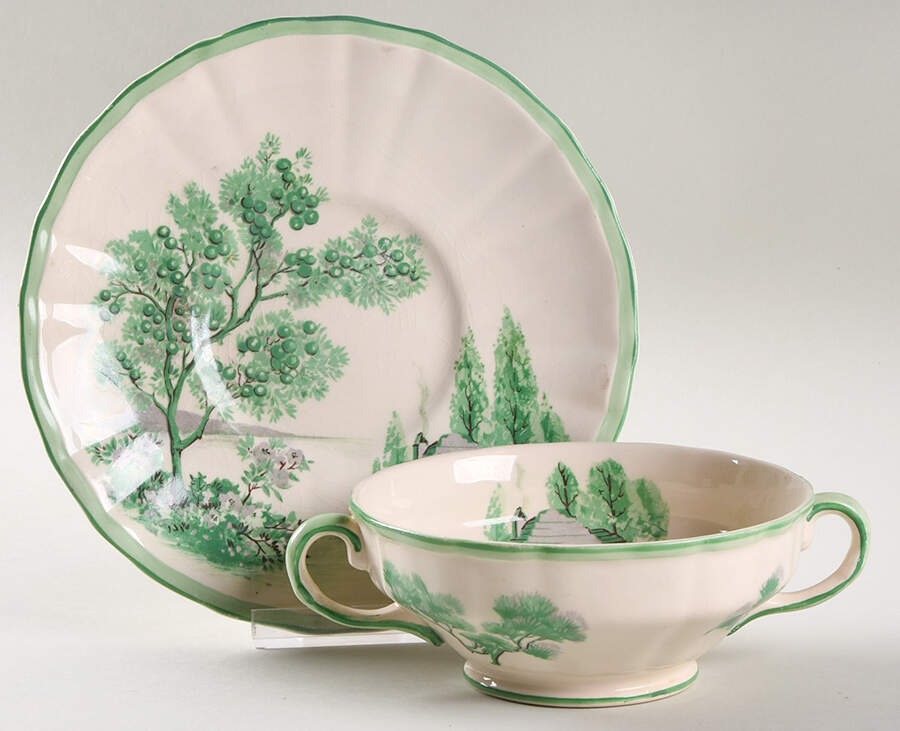 America Beautiful Footed Cream Soup Bowl & Saucer Set by Swinnertons-1