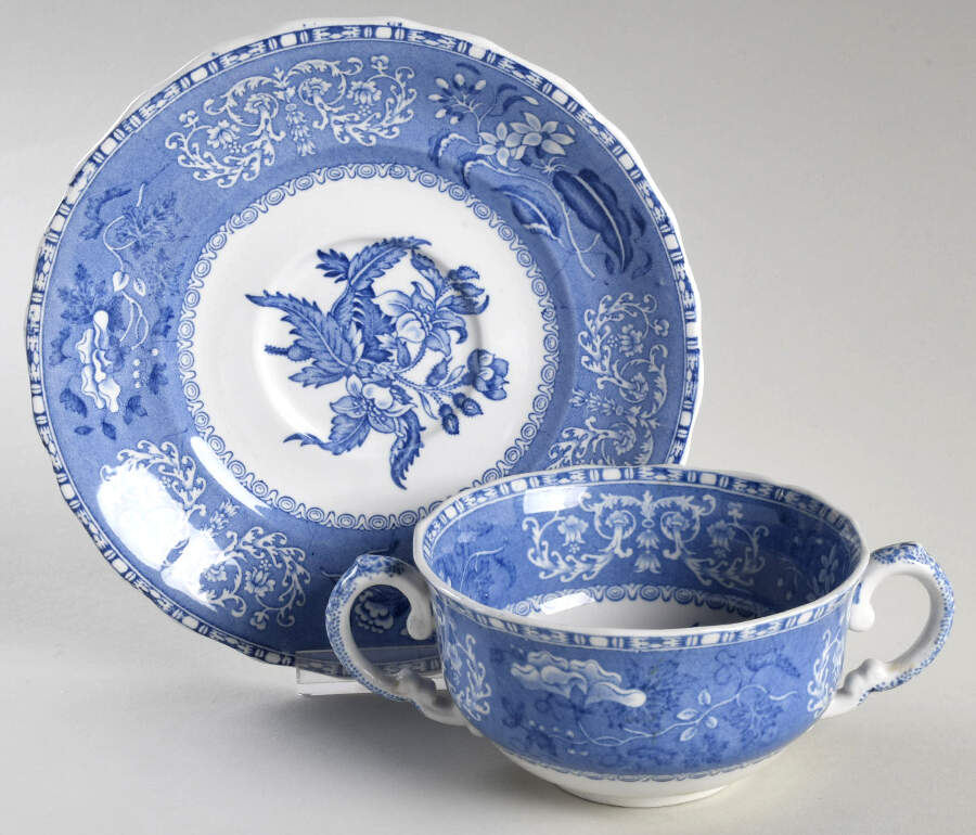 Blue Camilla (Scalloped, New Black Backstamp) Footed Bouillon Cup & Saucer by Spode-1