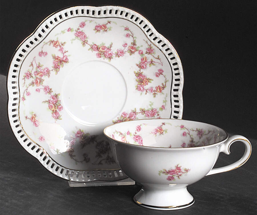 Bridal Rose (Pierced, Scalloped) Footed Cup & Saucer Set by Schumann - Bavaria-1