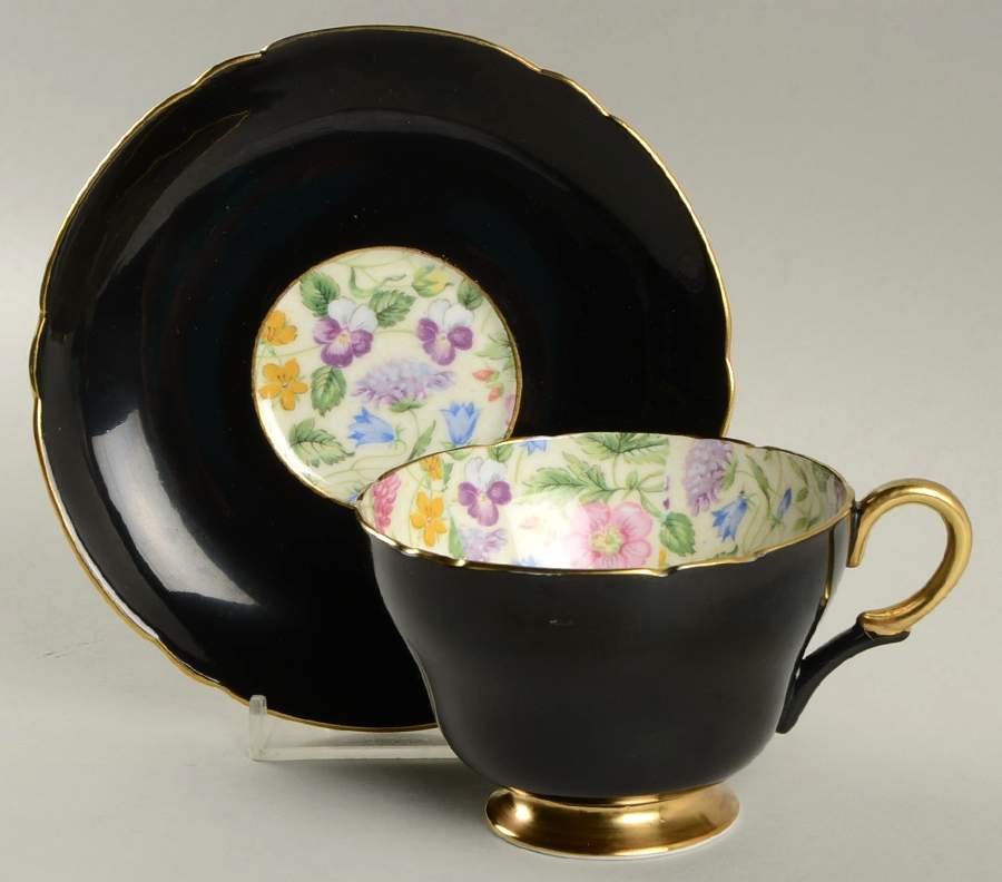Countryside Black Footed Cup & Saucer Set by Shelley-1