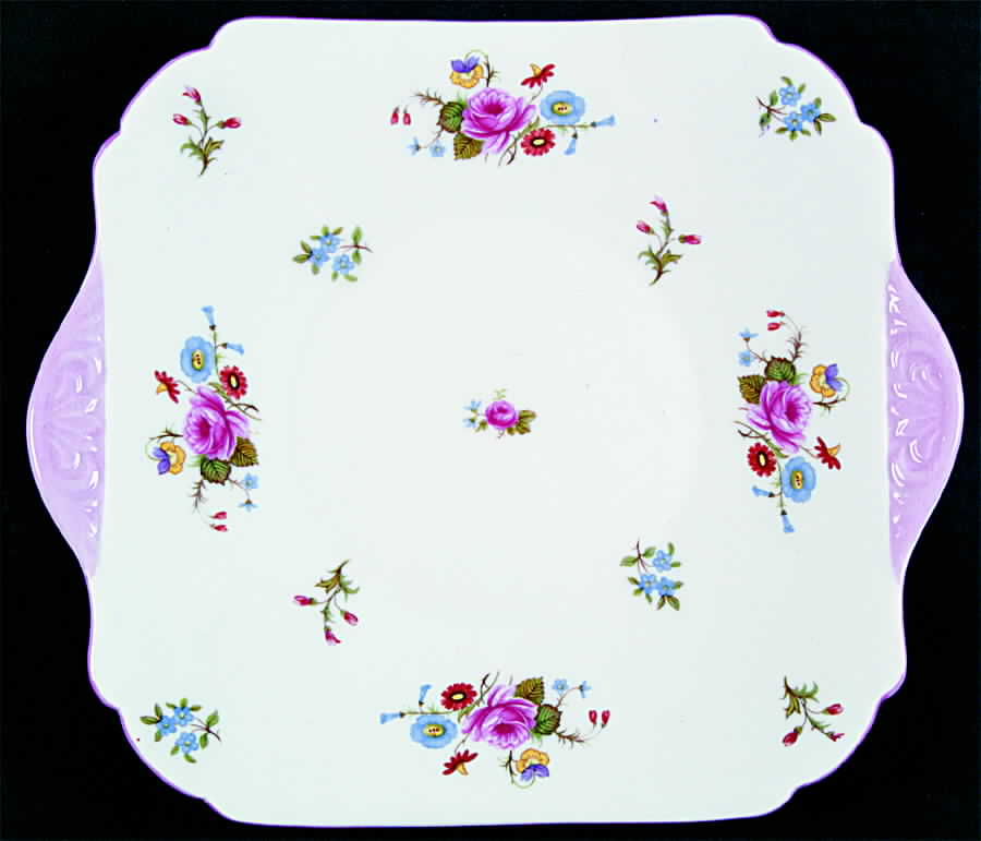 Rose & Red Daisy (No Embossing) Square Handled Cake Plate by Shelley-1
