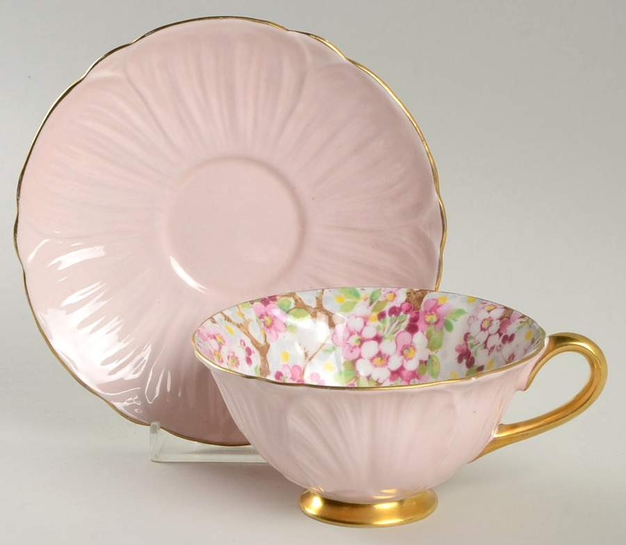 Maytime (Gold Trim, Oleander) Footed Cup & Saucer Set by Shelley-1