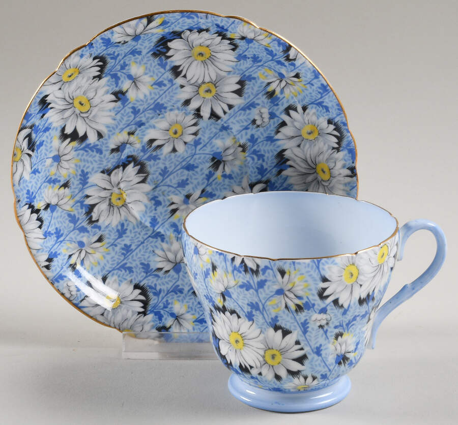 Blue Daisy (Gold Trim) Footed Cup & Saucer Set by Shelley-1