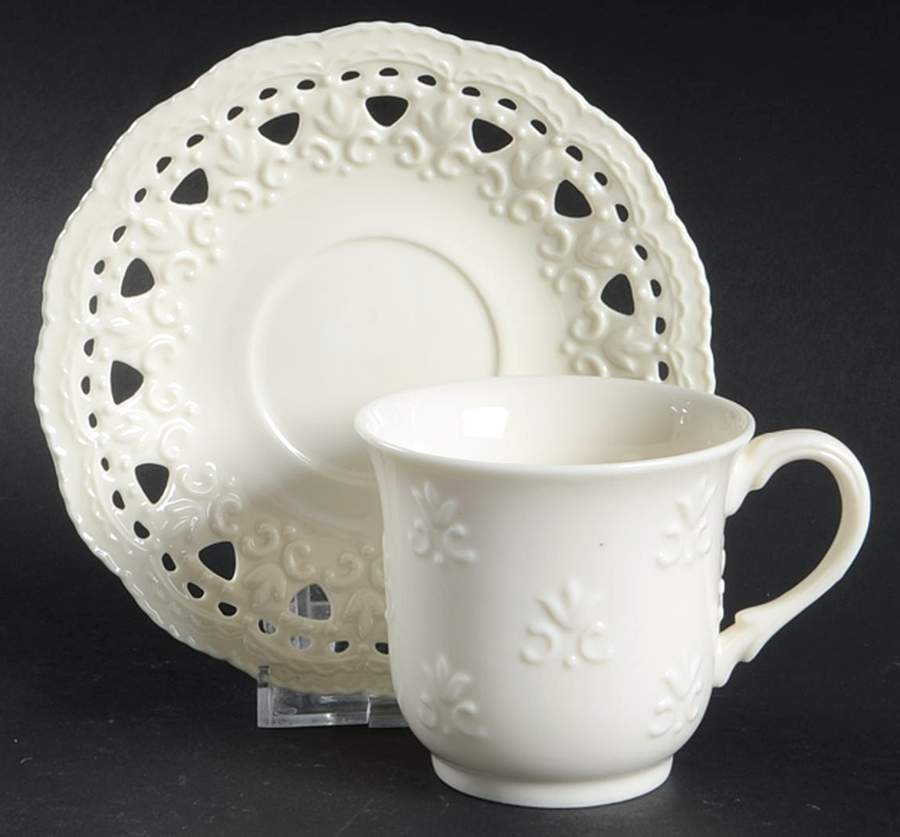 Cream Lace Flat Cup & Saucer Set by Skye Mcghie-1