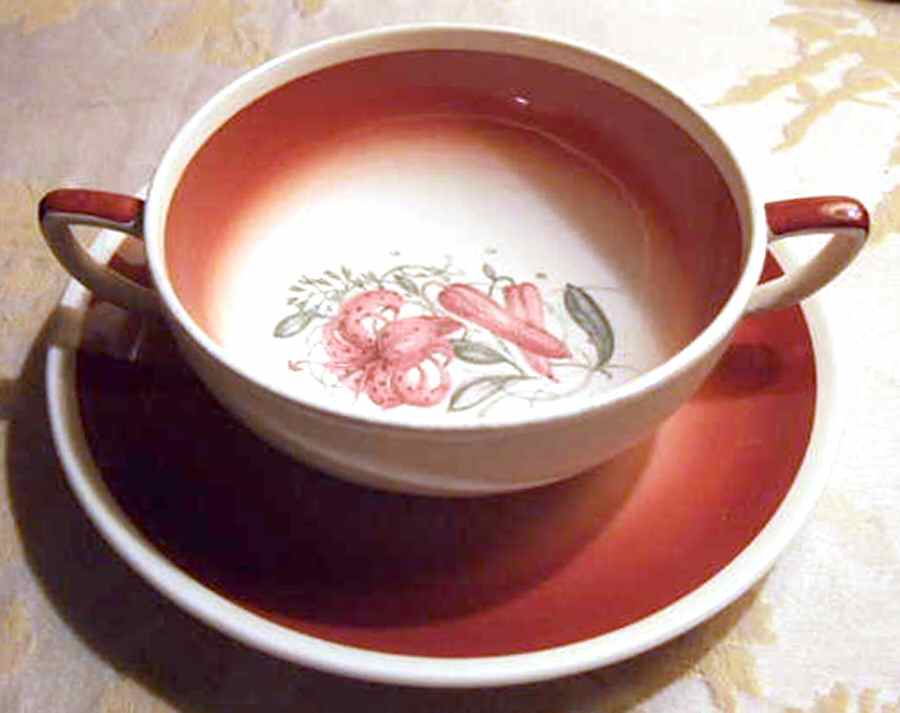 Tiger Lily Red Flat Cream Soup Bowl & Saucer Set by Susie Cooper-1