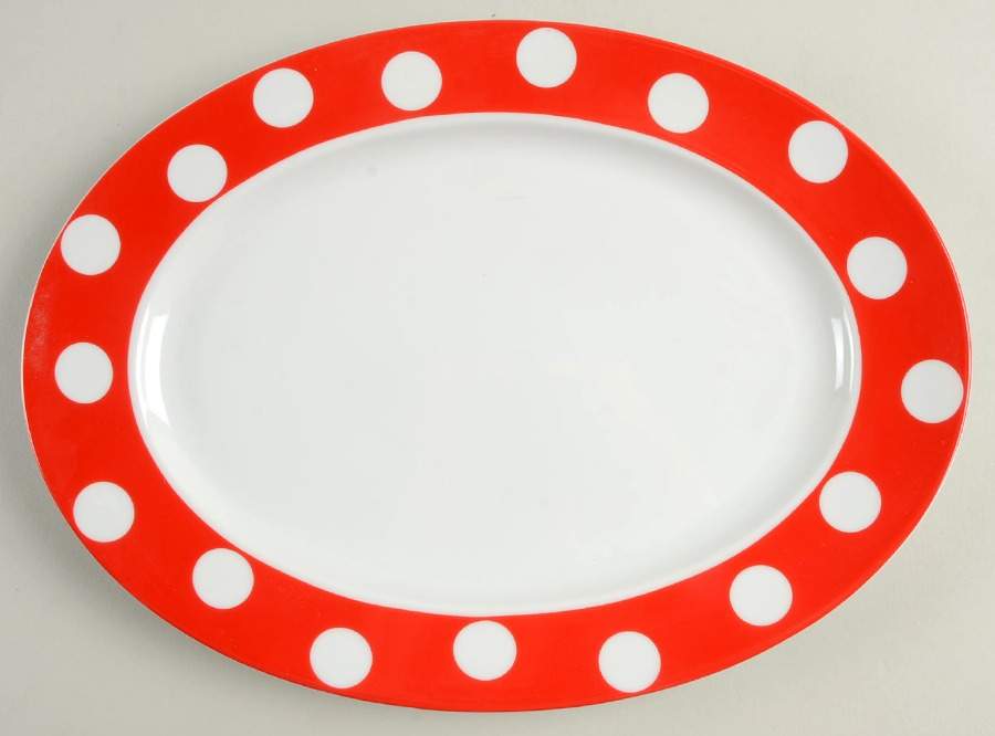 White Dots Red 12" Oval Serving Platter by Sabre-1