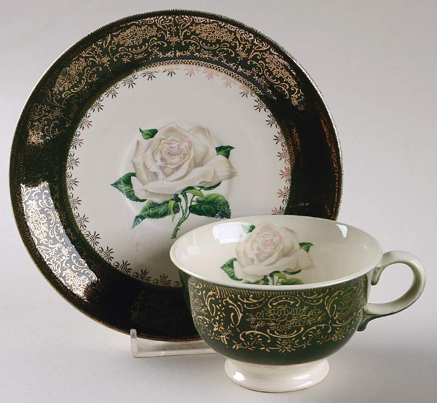 SLM429 (Green Rim) Footed Cup & Saucer Set by Salem-1