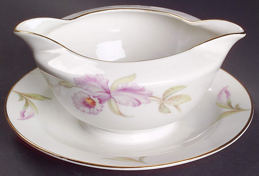 Orchid (White Background) Gravy Boat with Attached Underplate by Tirschenreuth-1
