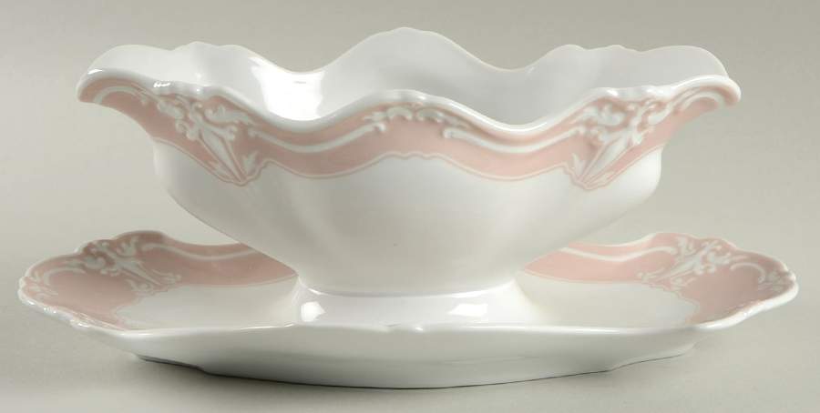 Rose (Pale Pink Color Band) Gravy Boat with Attached Underplate by Tirschenreuth-1