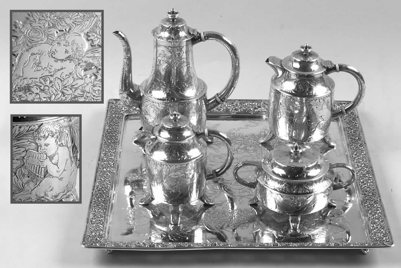 TIS105 (Sterling, Hollowware) 5 Piece Miniature Tea Set with Tray by Tiffany & CO SILVER-1