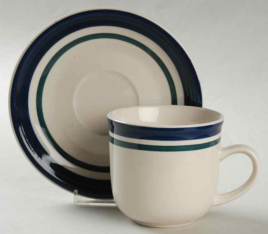 Kitchen Basics Cobalt Green (Wide Band) Flat Cup & Saucer Set by Tienshan-1
