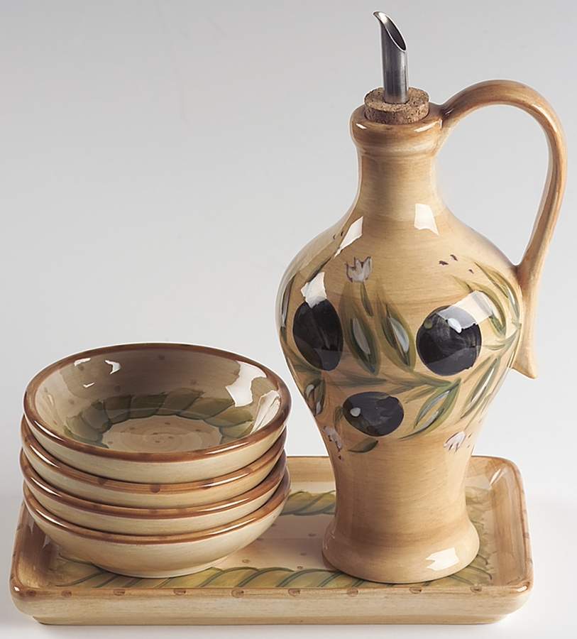 Provincial Olives Oil Jar/Drizzler with 4 Dipping Bowls & Tray by Tabletops Unlimited-1