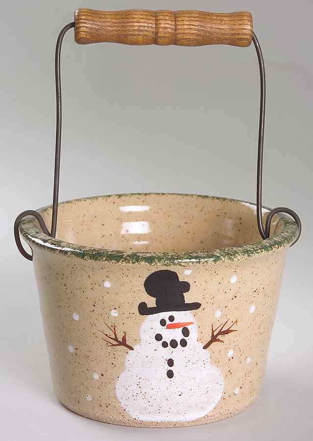 Traditional Snowman (Made in Mold) Crock-Bail/Open 4" with Handle by Three Rivers-1